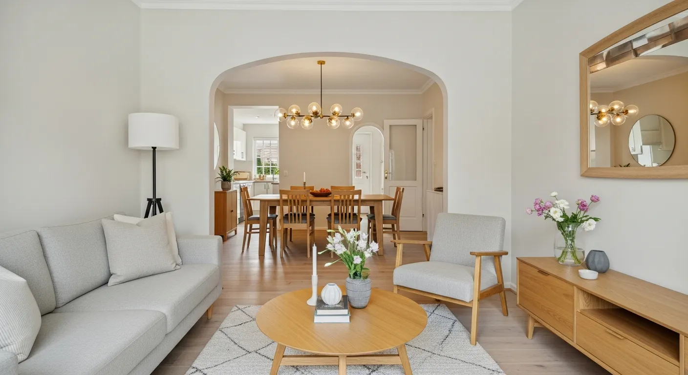  an Arche Doorway Leads to a Dining Area With a Wooden Table, Chairs, and a Glass Globes Chandelier