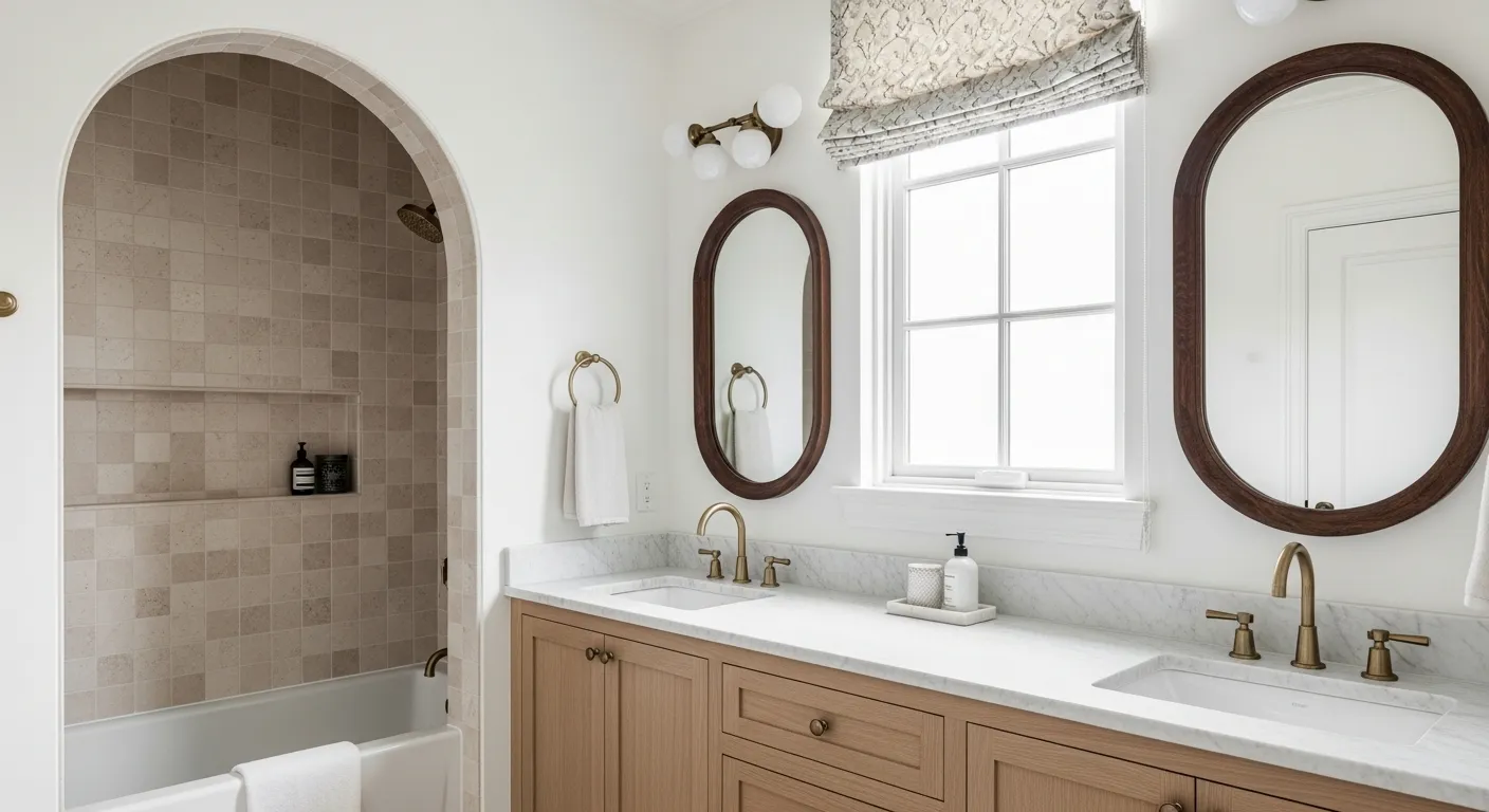 A Light Beige Tiled Shower-tub Combo With an Arched Opening on the Left, and a Double Vanity