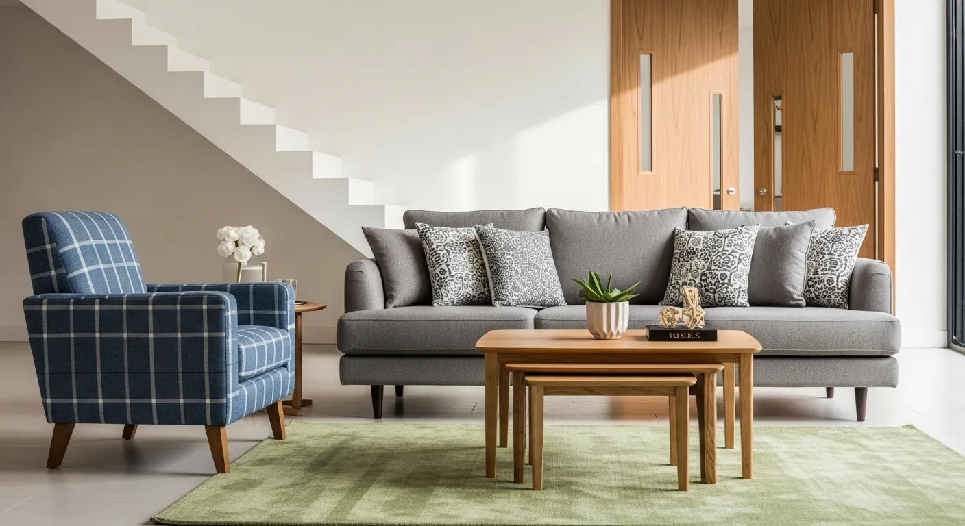 A stylish gray sofa with patterned pillows, a plaid blue armchair, and nested wooden coffee tables on a light green rug