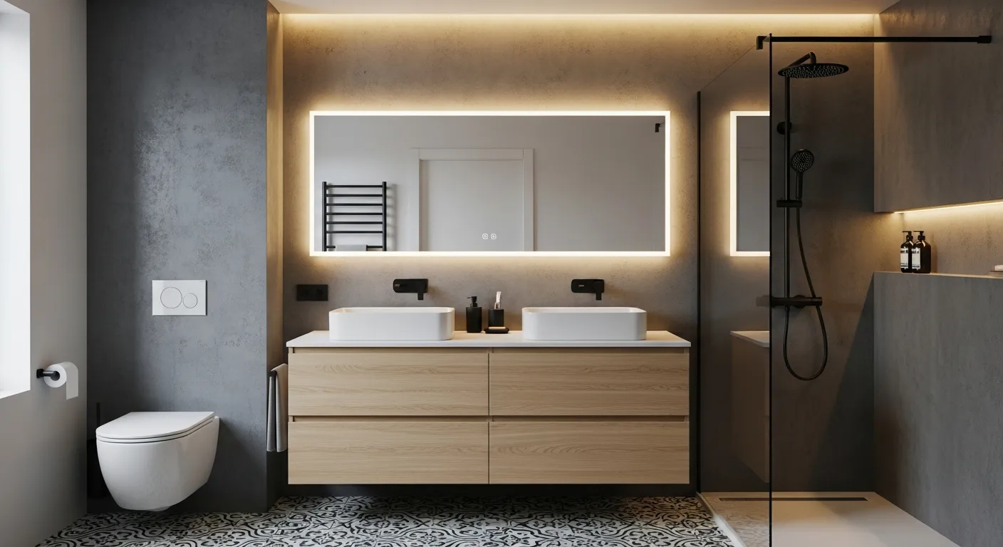 A Double Vanity With Light Wood Drawers and White Sinks, a Large Backlit Mirror, and a Wall-mounted White Toilet