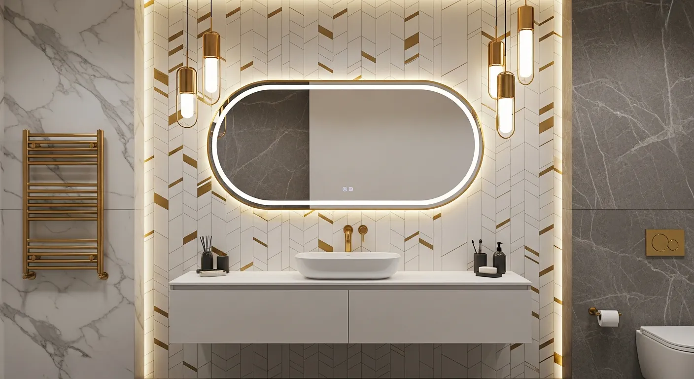 A Large Oval, Gold-framed Mirror With a White Floating Vanity With a Vessel Sink and Gold Faucet