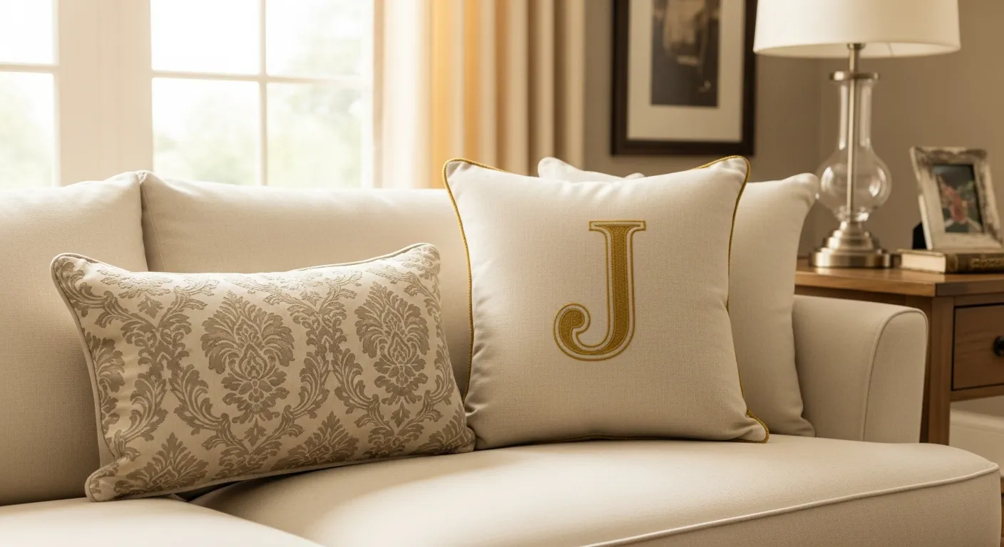 A Luxurious Cream Linen Sofa, Featuring Two Ornate Decorative Pillows