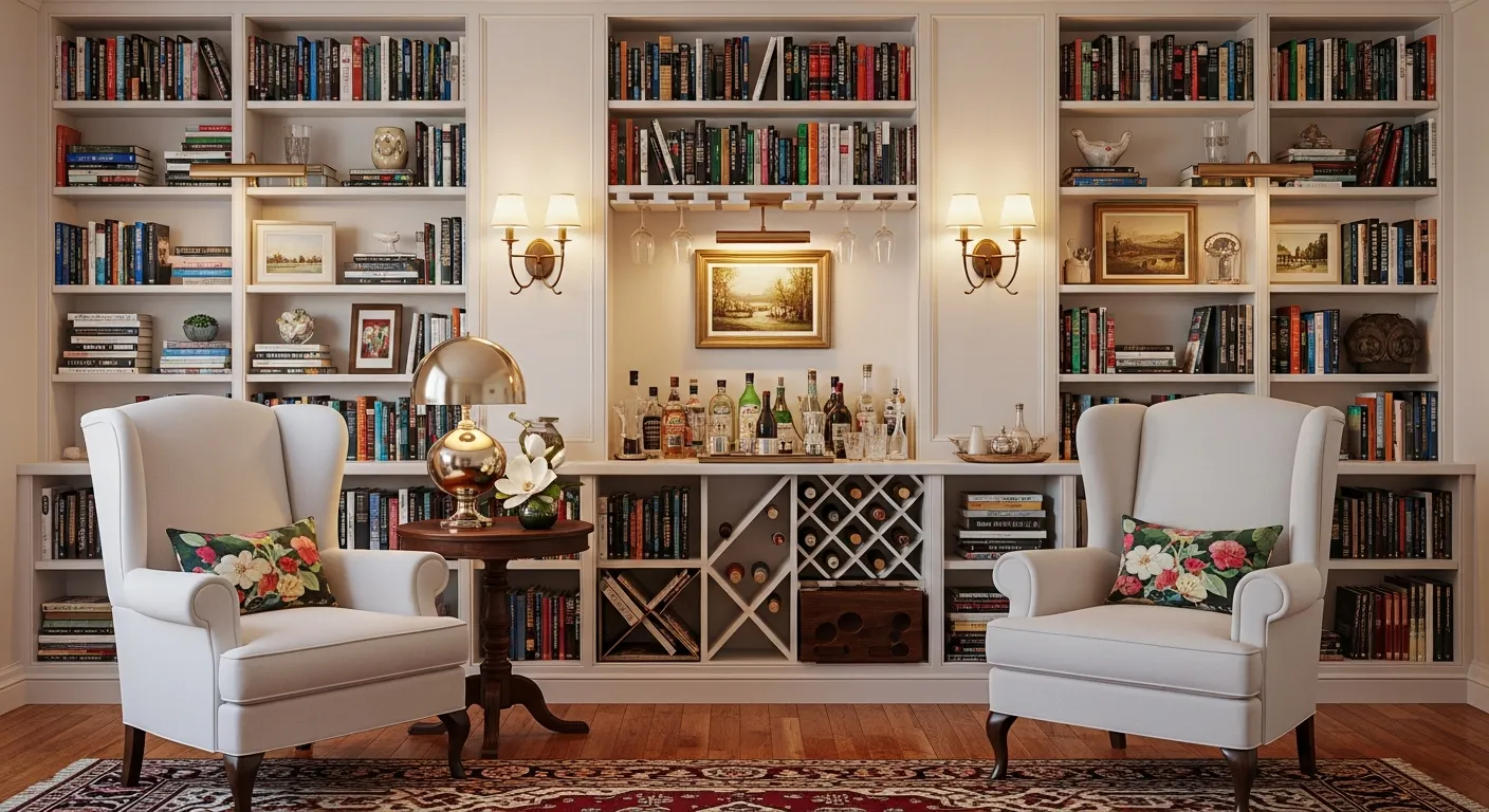 A Large Built-in White Bookshelf Unit Spans the Wall, Filled With Colorful Books, Framed Art, and Decorative Objects