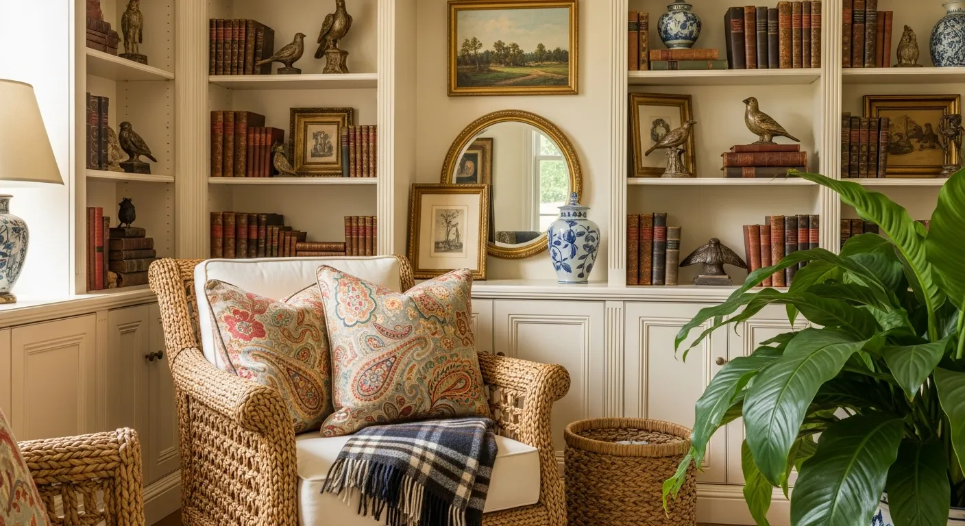 A Woven Armchair With Paisley Cushions, Flanked by Cream-colored Bookshelves and Decorative Objects