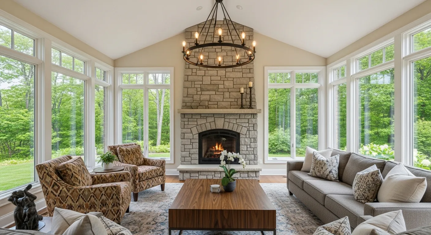 A Dark Wood Coffee Table, a Comfortable Neutral Sofa With Pillows, and a Patterned Armchair
