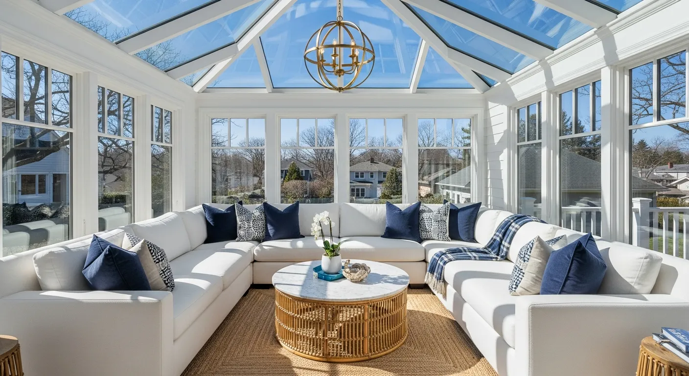A Luxurious White U-shaped Sectional Sofa With Navy and Patterned Throw Pillows