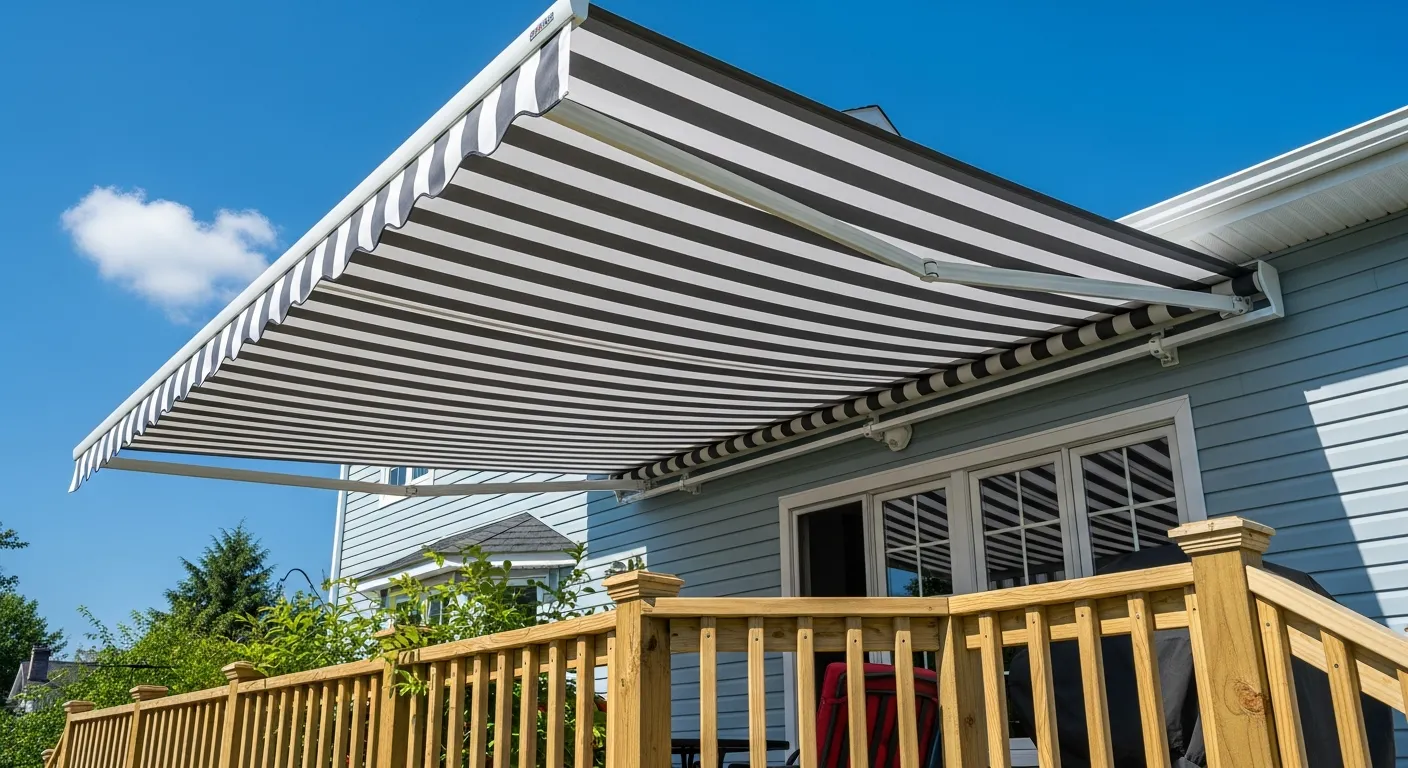 A Large, Fully Extended Retractable Awning Displays a Distinct Pattern of Horizontal Black and White Stripes