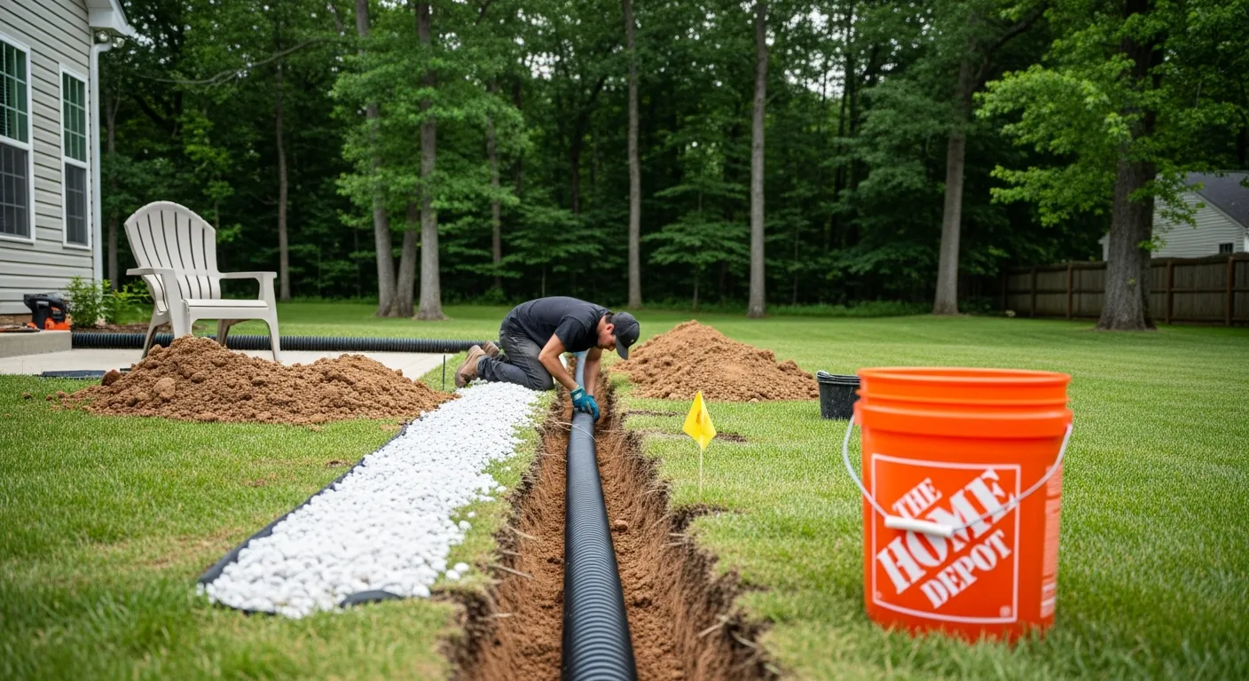 A Worker Working on Installing a Black Corrugated Drainage Pipe