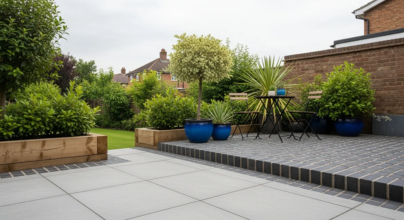 Large Grey Rectangular Paving Slabs Create a Clean Surface, Leading to a Raised Patio Bordered by Dark Grey Cobblestone