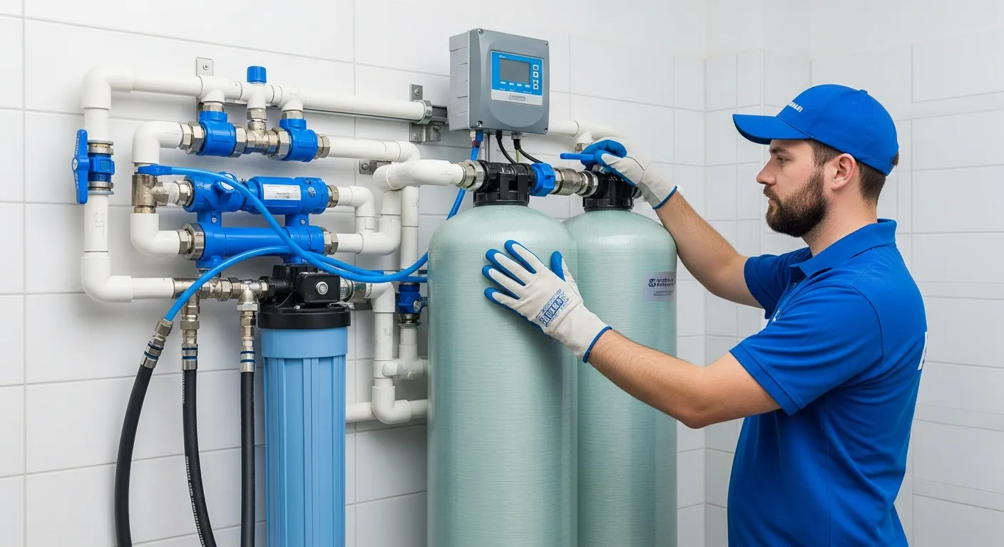 The Technician Meticulously Adjusting a Complex Water Treatment and Filtration System