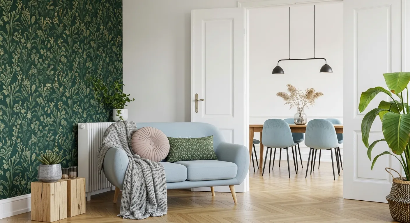 The Wall is Adorned With a Lush Emerald Green and Gold Botanical Wallpaper