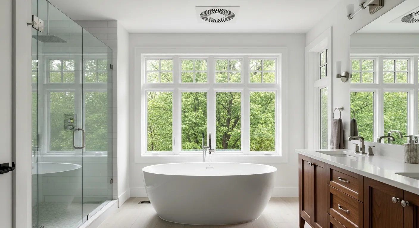 A Freestanding White Oval Bathtub Sits Beneath a Large Multi-paned Window Looking Out at Lush Green Trees