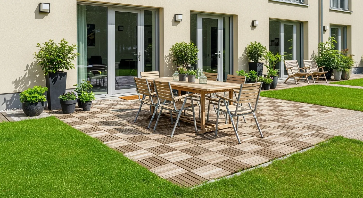 Interlocking Wooden Deck Tiles Form a Pathway and Seating Area With a Light Wood Dining Set
