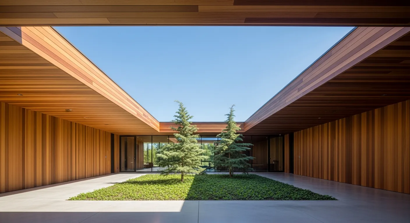 A Opening to the Clear Blue Sky is Framed by Warm Cedar Wood Slat Ceilings and Walls