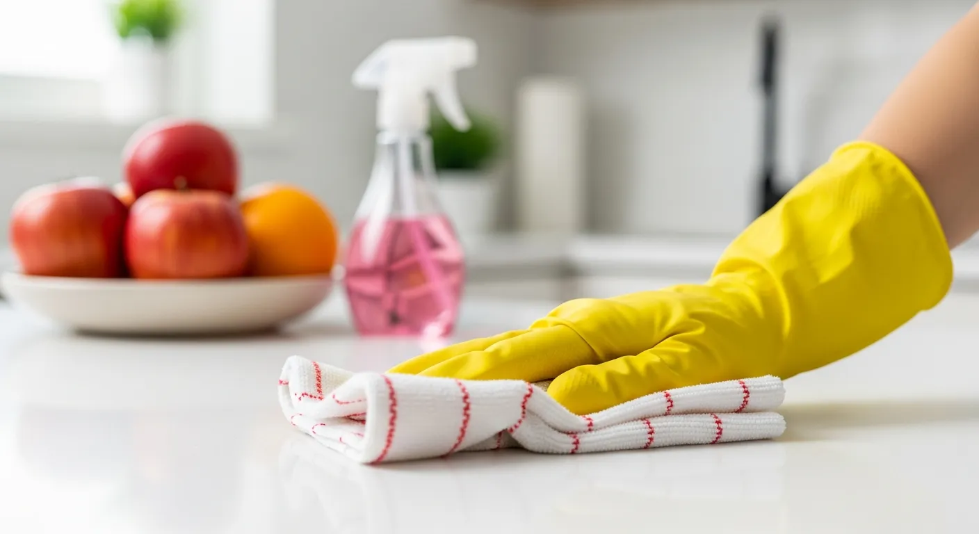A Person Hand in Bright Yellow Rubber Gloves Wiping a Clean White Kitchen Countertop With a White and Red Patterned Cloth