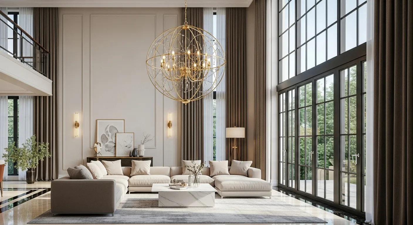 A Spacious L-shaped Light Beige Sectional Sofa and a White Marble Coffee Table Are Arranged on a Light Patterned Rug