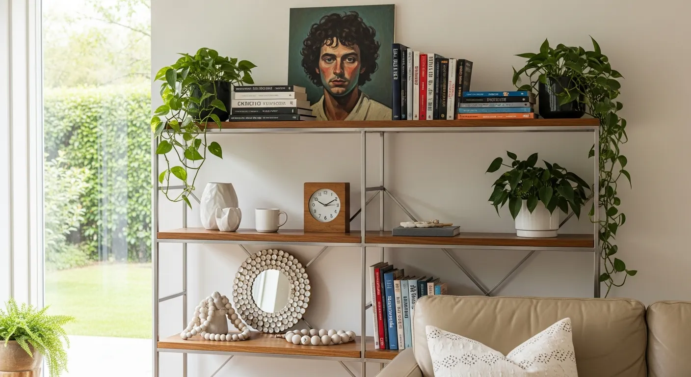 A Modern Wooden Bookshelf With Silver Metal Frames, Filled With Books, Plants, and Art