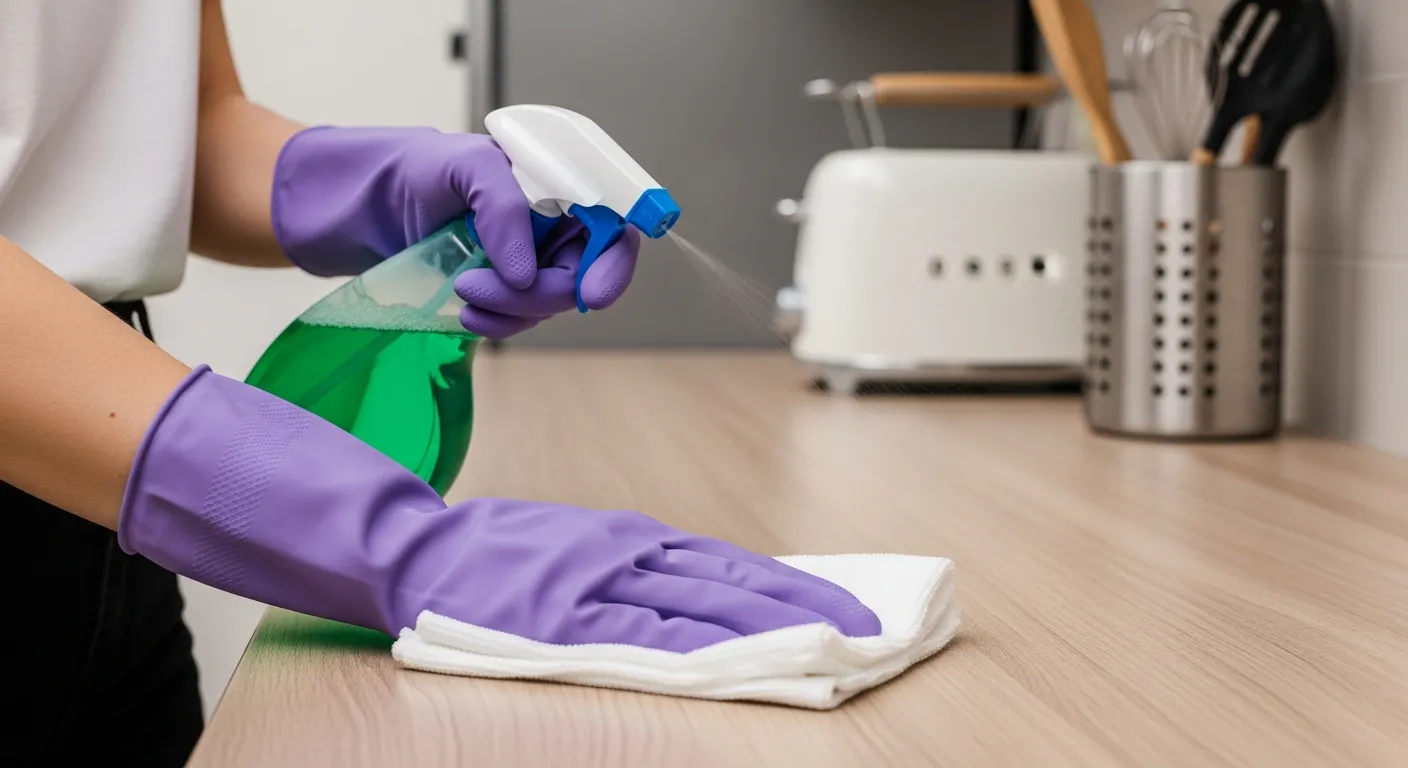 A Person's Hands in Purple Rubber Gloves, Diligently Cleaning a Light Brown Kitchen Countertop