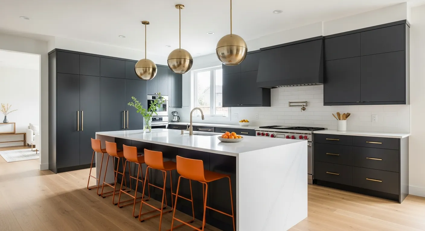 A Large White Quartz Island With Four Orange Bar Stools and Three Spherical Brass Pendant Lights