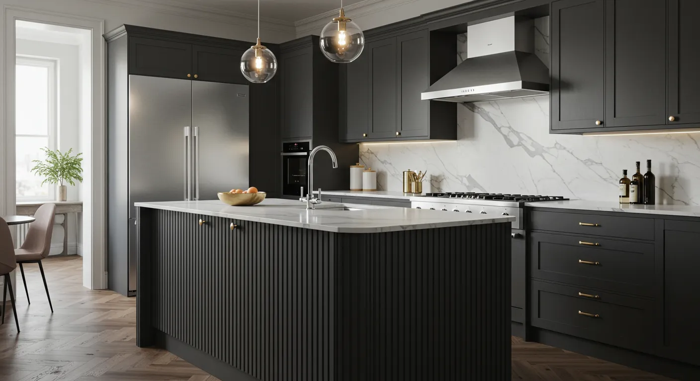 Kitchen With Fluted Detailing on Cabinetry and Island Base Kitchen With Fluted Detailing on Cabinetry and Island Base