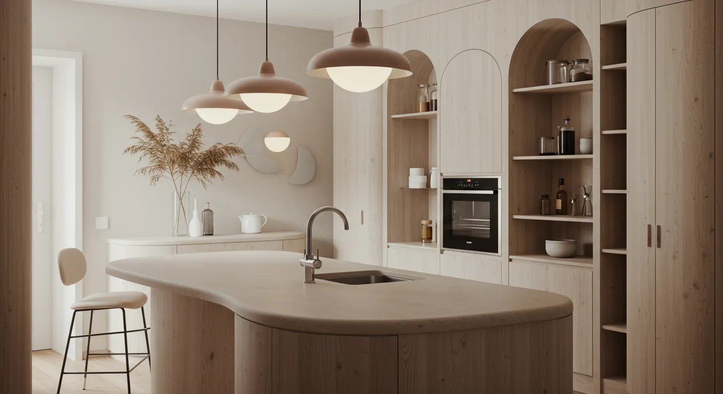 Kitchen With Rounded Island Center Arched Shelving Nooks Right Organic Lighting Kitchen With Rounded Island Center Arched Shelving Nooks Right Organic Lighting