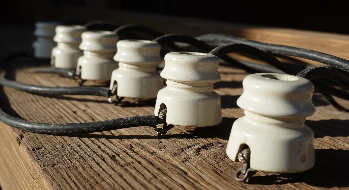 Knob and Tube Electrical Wiring Installed on a Weathered Wooden Surface Knob and Tube Electrical Wiring Installed on a Weathered Wooden Surface