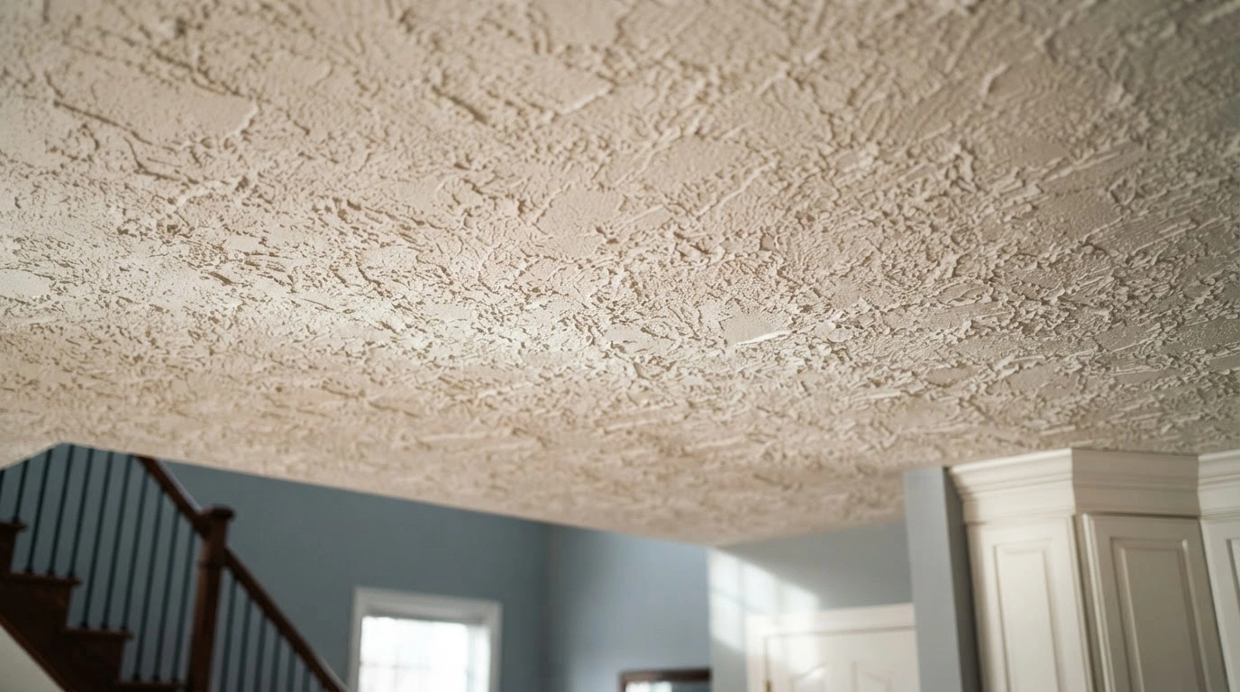 The Heavily Textured Knockdown Ceiling Dominating the Upper and Central Parts of the Frame
