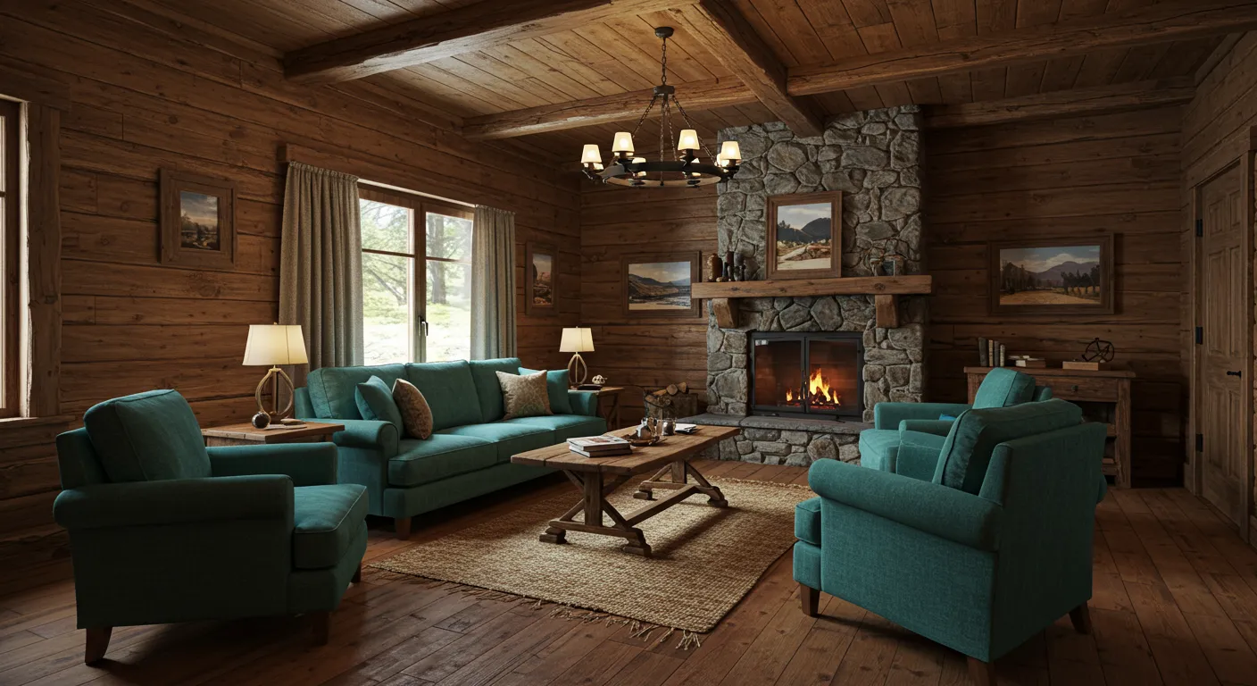 Knotty Pine Walls Teal Furniture in a Living Room Knotty Pine Walls Teal Furniture in a Living Room