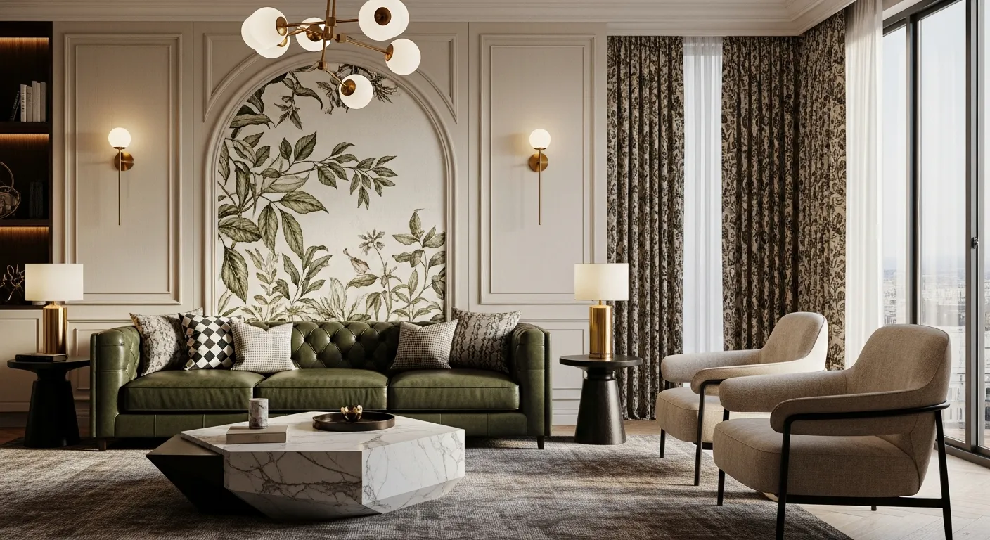 A Dark Green Leather Sofa With Patterned Pillows Sits on a Textured Brown and Grey Rug