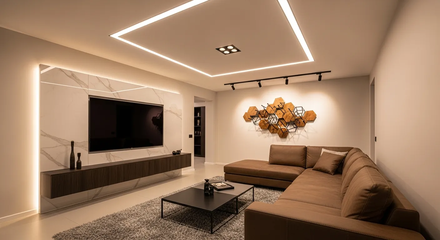 An L-shaped Brown Leather Sectional Sofa Faces a Floating Dark Wood Tv Unit With a Large Screen