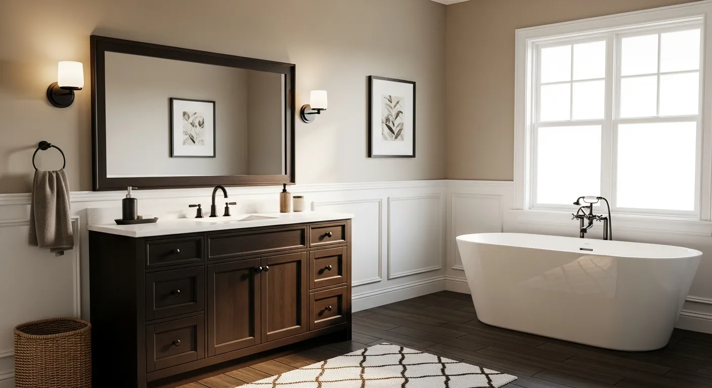 A Dark Espresso Shaker-style Vanity With a White Countertop and a Black Faucet
