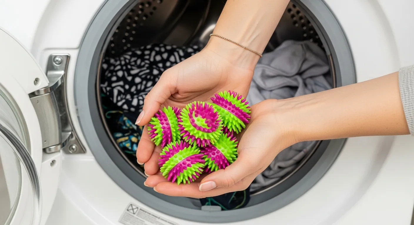A Pair Hands, Subtly Gently Cupped Together, Holding a Small Cluster of Five Vibrantly Colored Washing Machine Balls