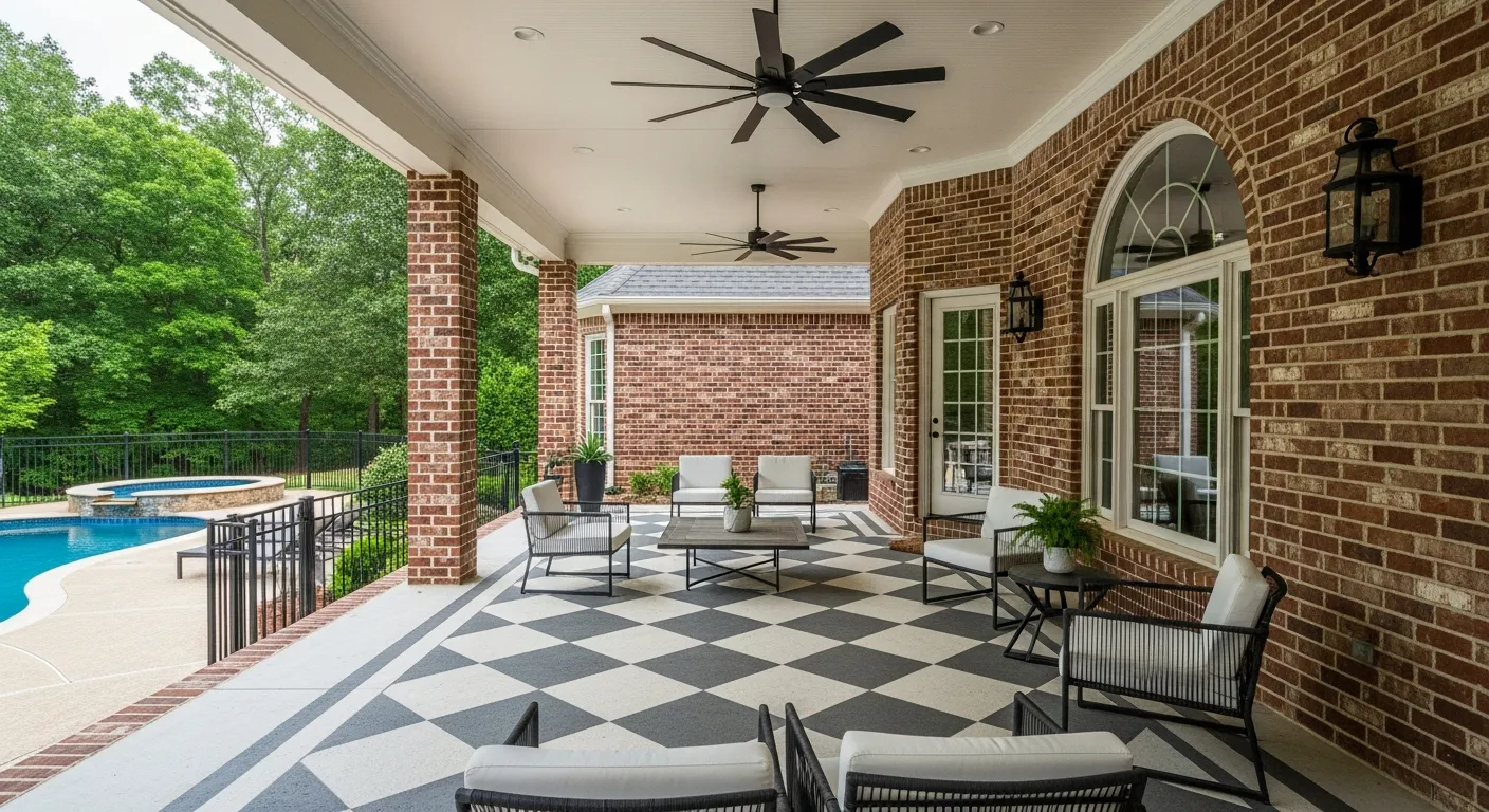 A Spacious Outdoor Patio With a Bold Gray and White Diamond-patterned Floor