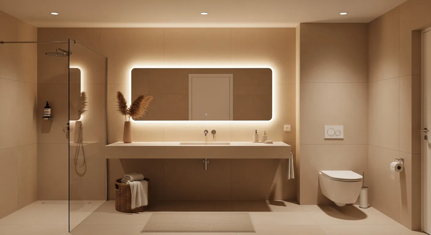 A Warm Beige Floating Vanity With a Rectangular Sink, a Large Backlit Mirror, and a Wall-mounted White Toilet