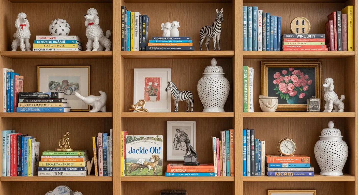 A Meticulously Organized, Warm Light Wood Bookshelf Unit, Filled With a Diverse Collection of Colorful Books and Eclectic Decorative Items