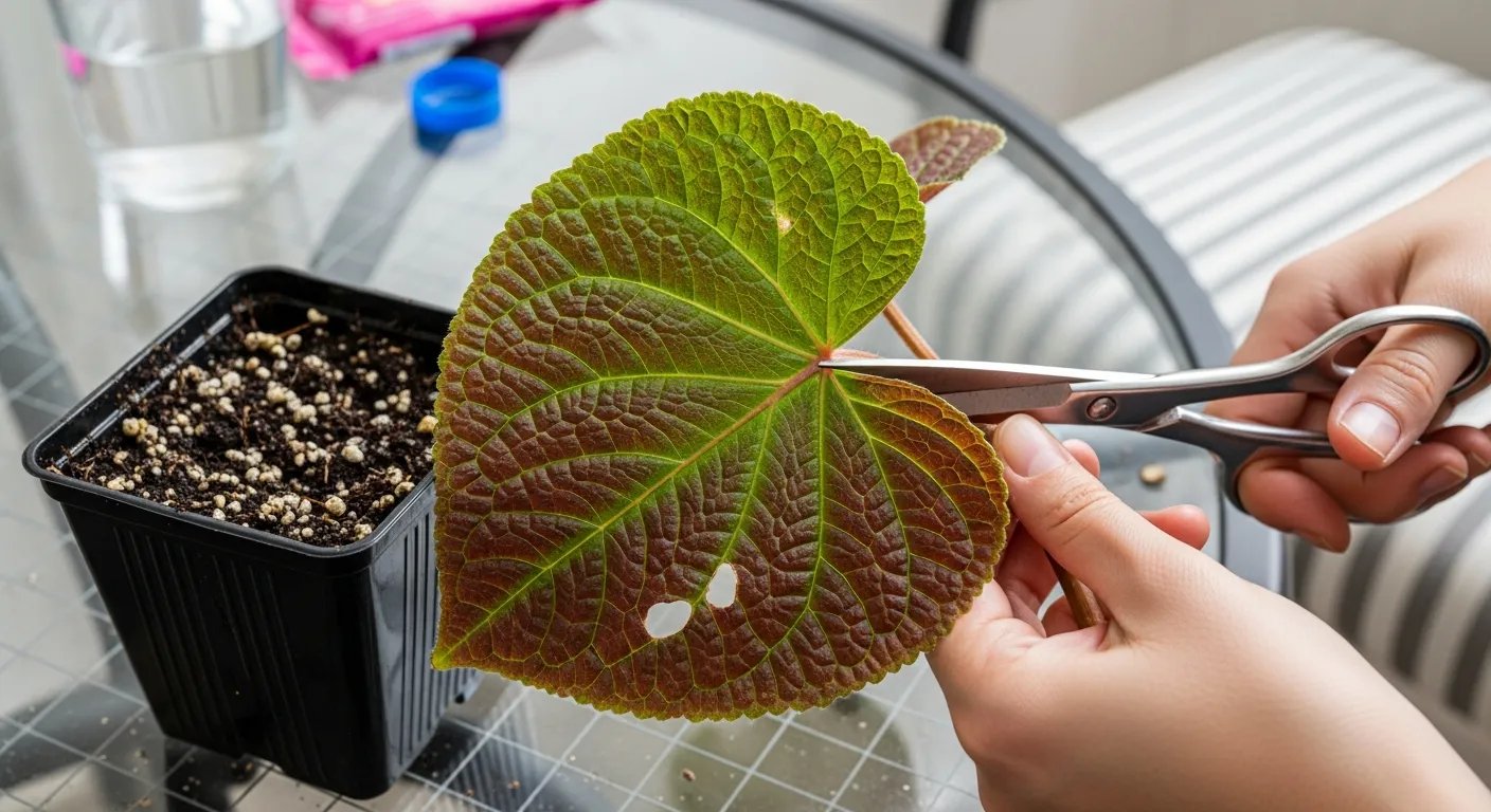Meticulously Using Sharp Metallic Silver Scissors to Precisely Cut the Sturdy, Reddish-brown Leaf
