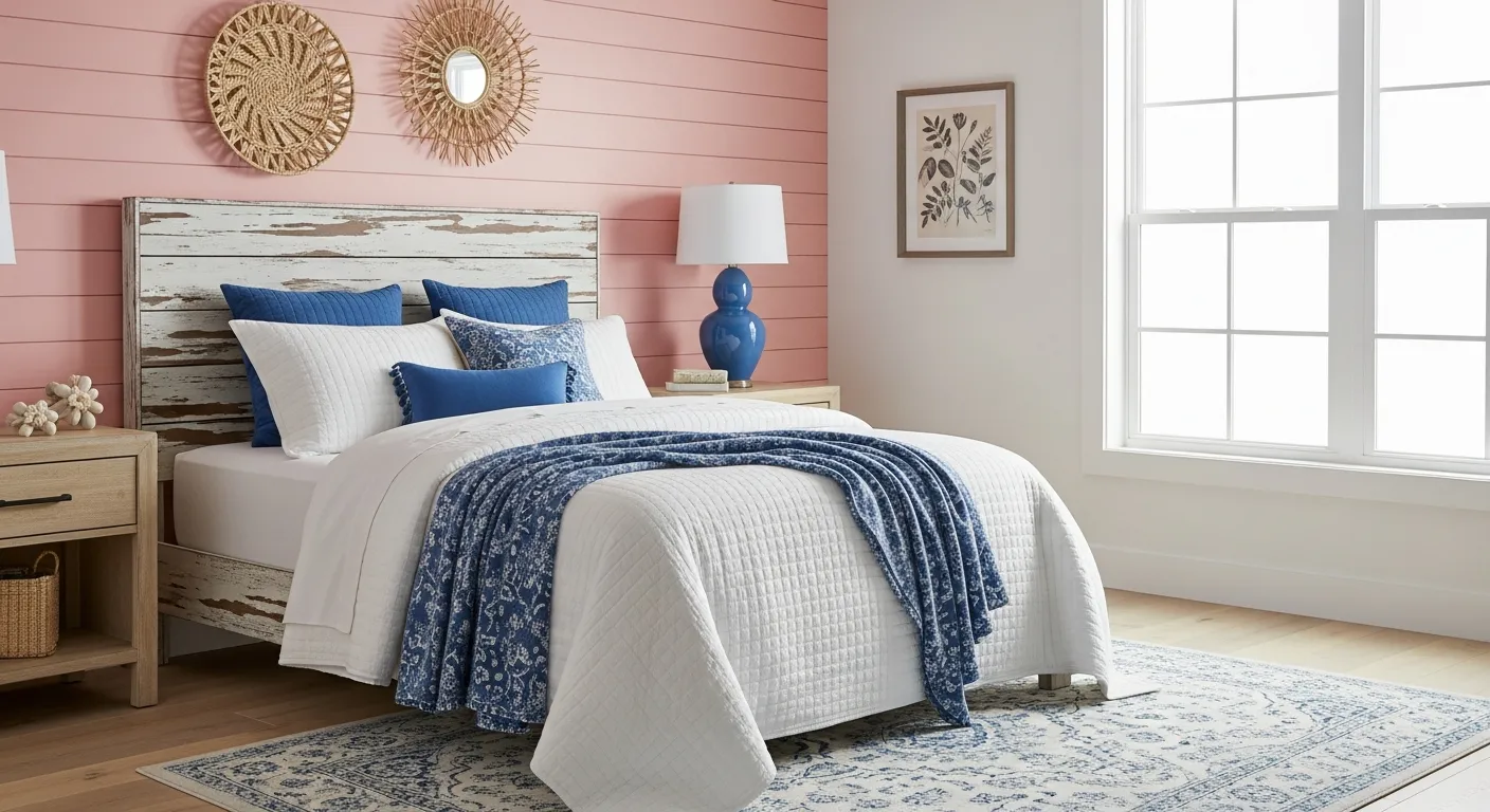 A Comfortable Bed With a Rustic Distressed Wood Plank and Crisp White Quilted Bedding With Blue Patterned Throw Blankets