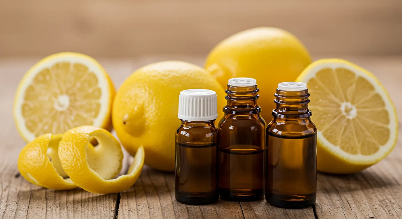 Lemon Essential Oils and Fresh Lemons Arranged on a Rustic Wooden Surface Lemon Essential Oils and Fresh Lemons Arranged on a Rustic Wooden Surface