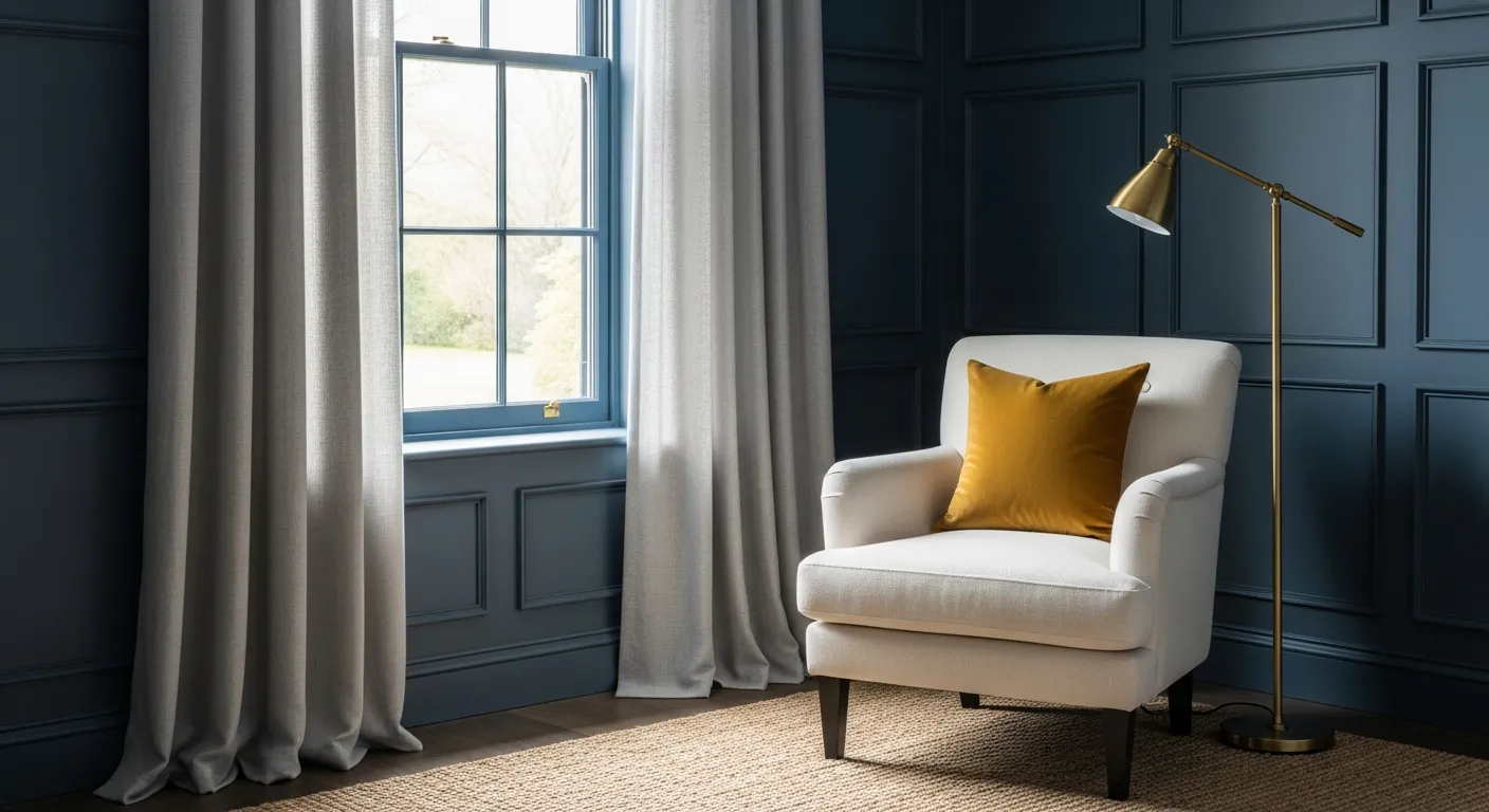 Light Grey Linen Curtains Frame the Window. A Cream Upholstered Armchair With a Mustard Yellow Velvet Cushion