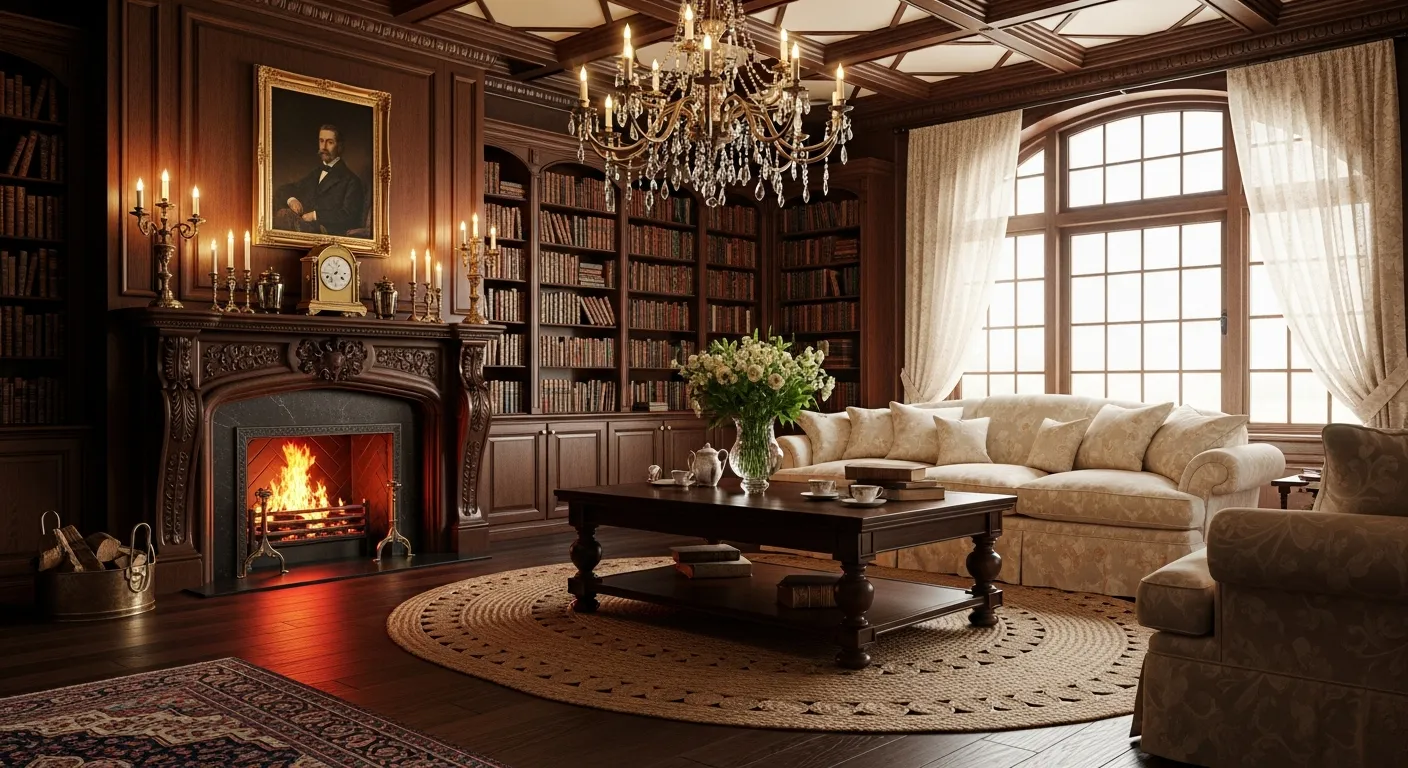 The Walls Are Clad in Dark, Richly Polished Mahogany Wood Paneling, Featuring Floor-to-ceiling Bookshelves