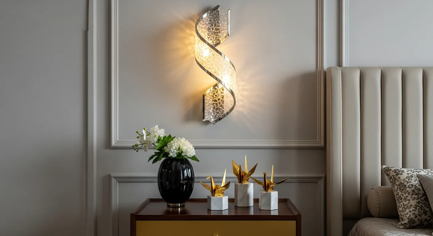 A Unique, S-shaped Wall Sconce, Made of Textured Translucent Material is Centrally Mounted on a Light Gray Paneled Wall