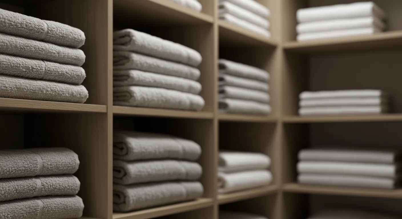 Linen Closet Shelves Arranged With Folded Towels and Bedding Linen Closet Shelves Arranged With Folded Towels and Bedding