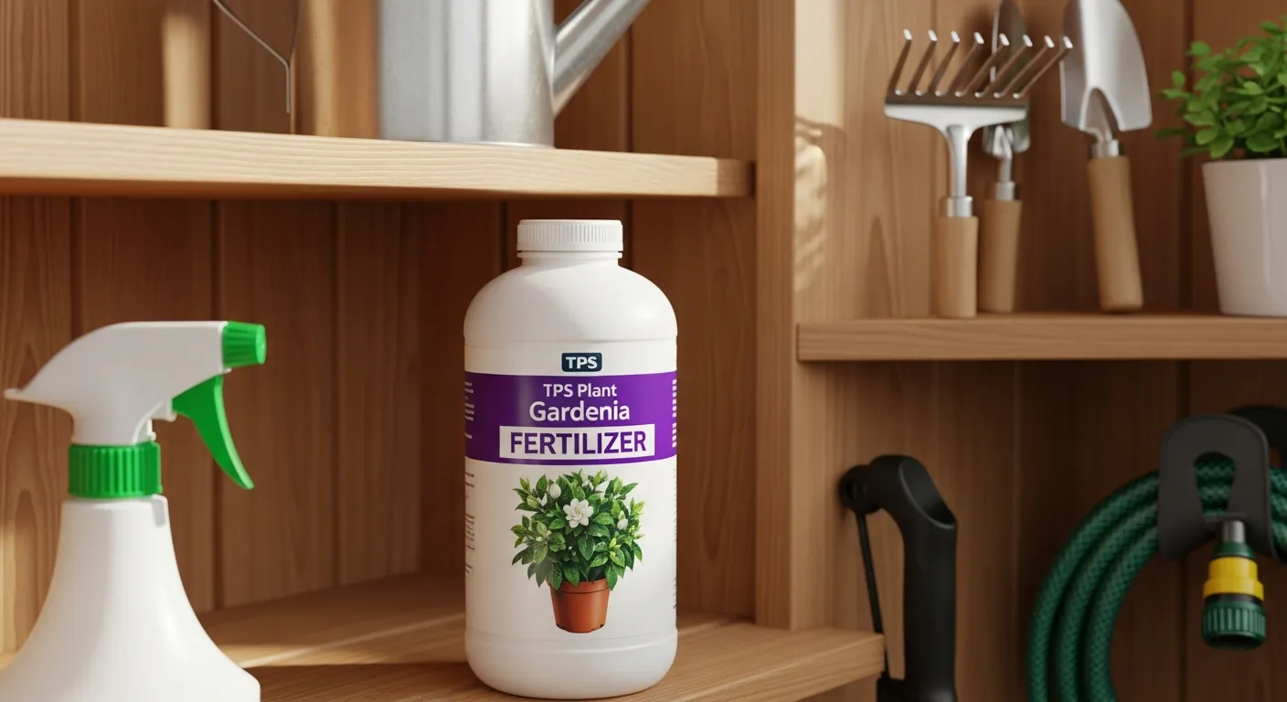 A Pristine White Plastic Bottle, Labeled 'tps Plant Gardenia Fertilizer' in Bold White Text on a Prominent Purple Band