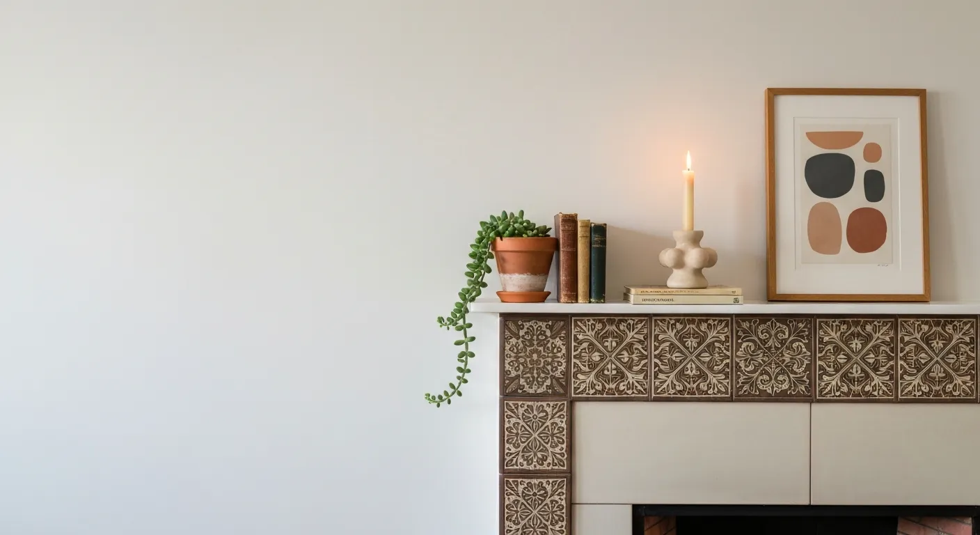 Living Room Focusing on a Custom-tiled Fireplace Mantel 