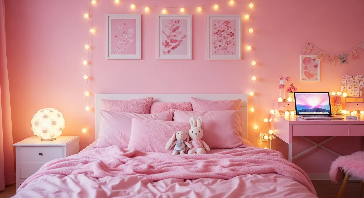 A Plush Bed With Fluffy Pink Bedding and Pillows, Two Stuffed Bunny Toys, and a White Nightstand