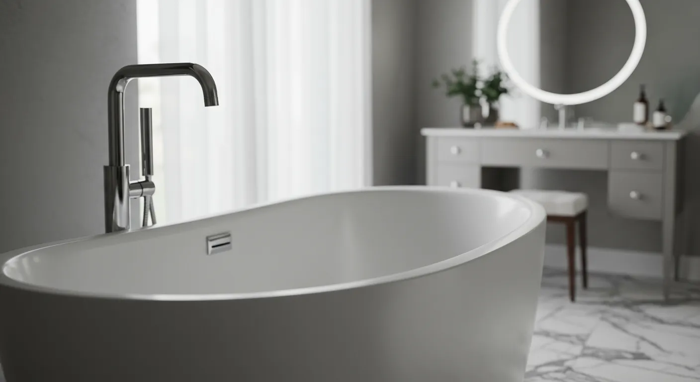 Luxurious Bathroom Interior With Freestanding Bathtub Made of White Porcelain Luxurious Bathroom Interior With Freestanding Bathtub Made of White Porcelain