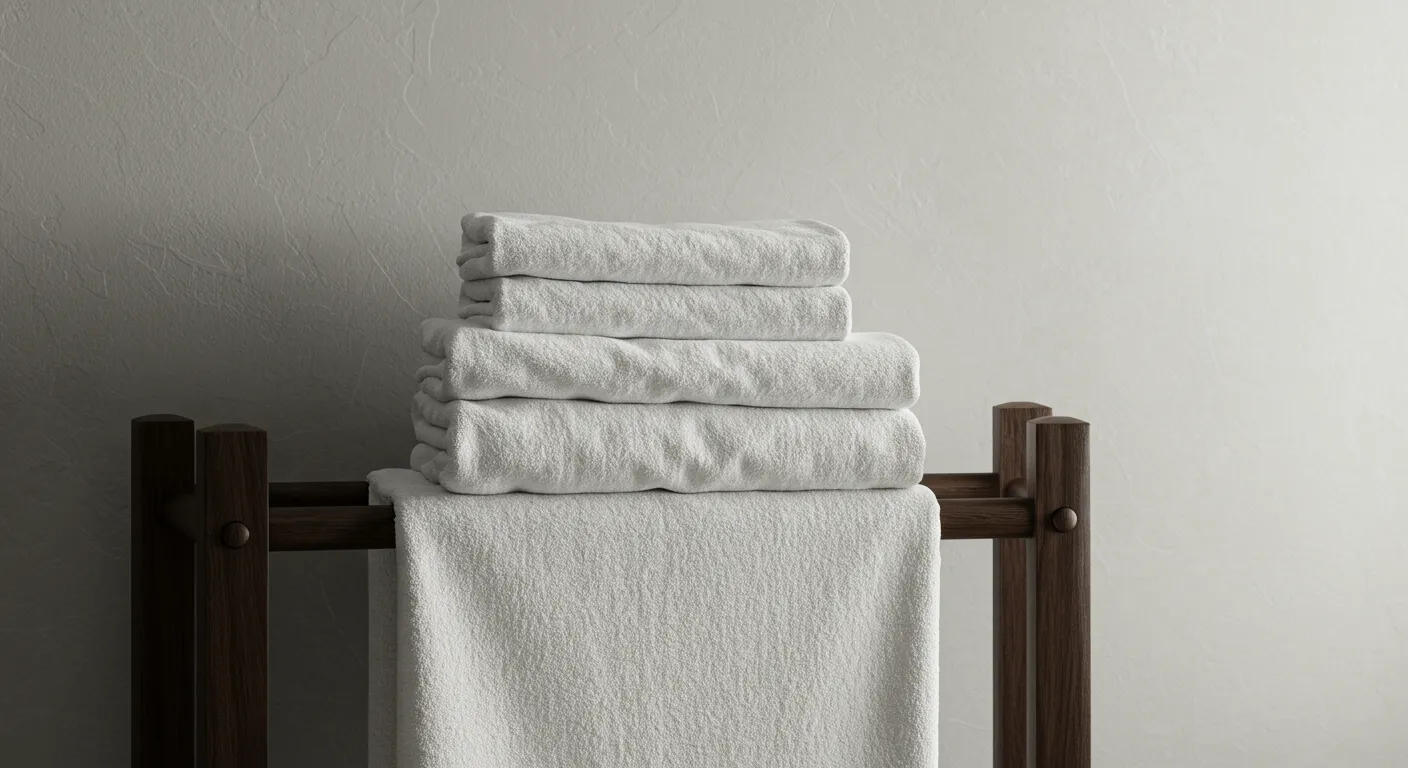 Luxurious, Pristine White Fluffy Towels Elegantly Arranged on a Dark Wood Towel Rack Luxurious, Pristine White Fluffy Towels Elegantly Arranged on a Dark Wood Towel Rack