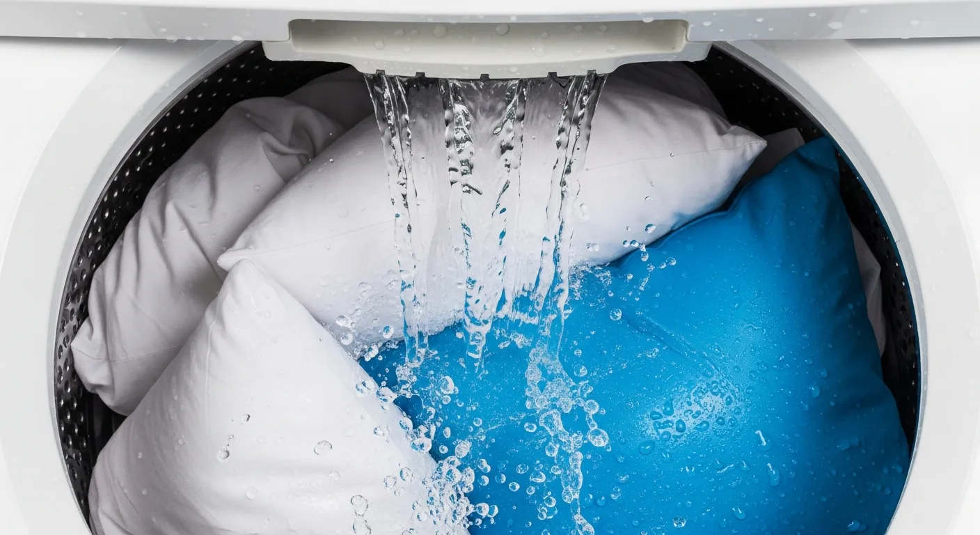 Clear Water Streams Into the Drum, Splashing Onto White Pillow, Including a Vibrant Blue Pillow
