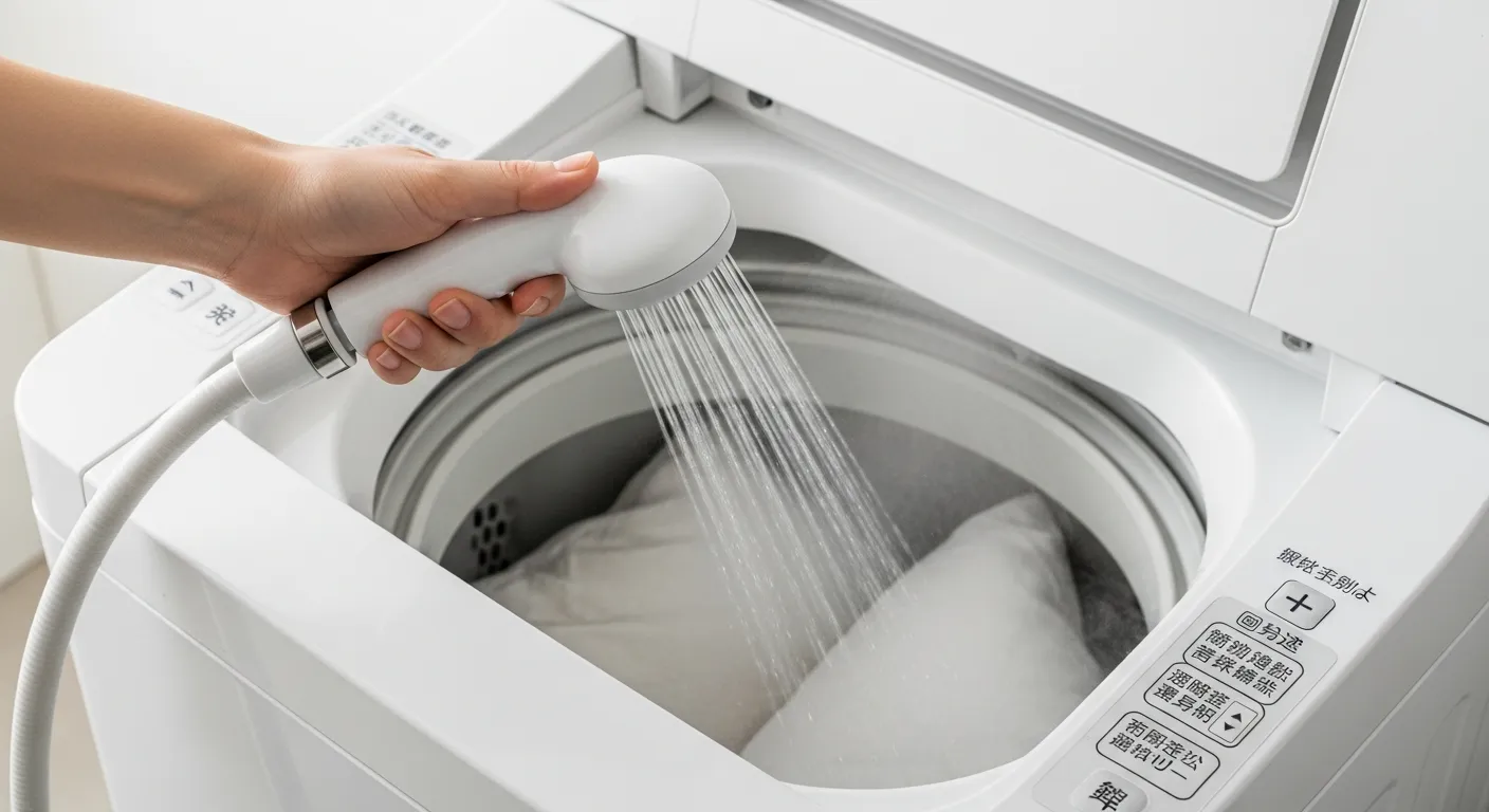 A Women Holding a White Shower Hose, Spraying Clear Hot Water Into a White Top-loading Washing Machine Tub