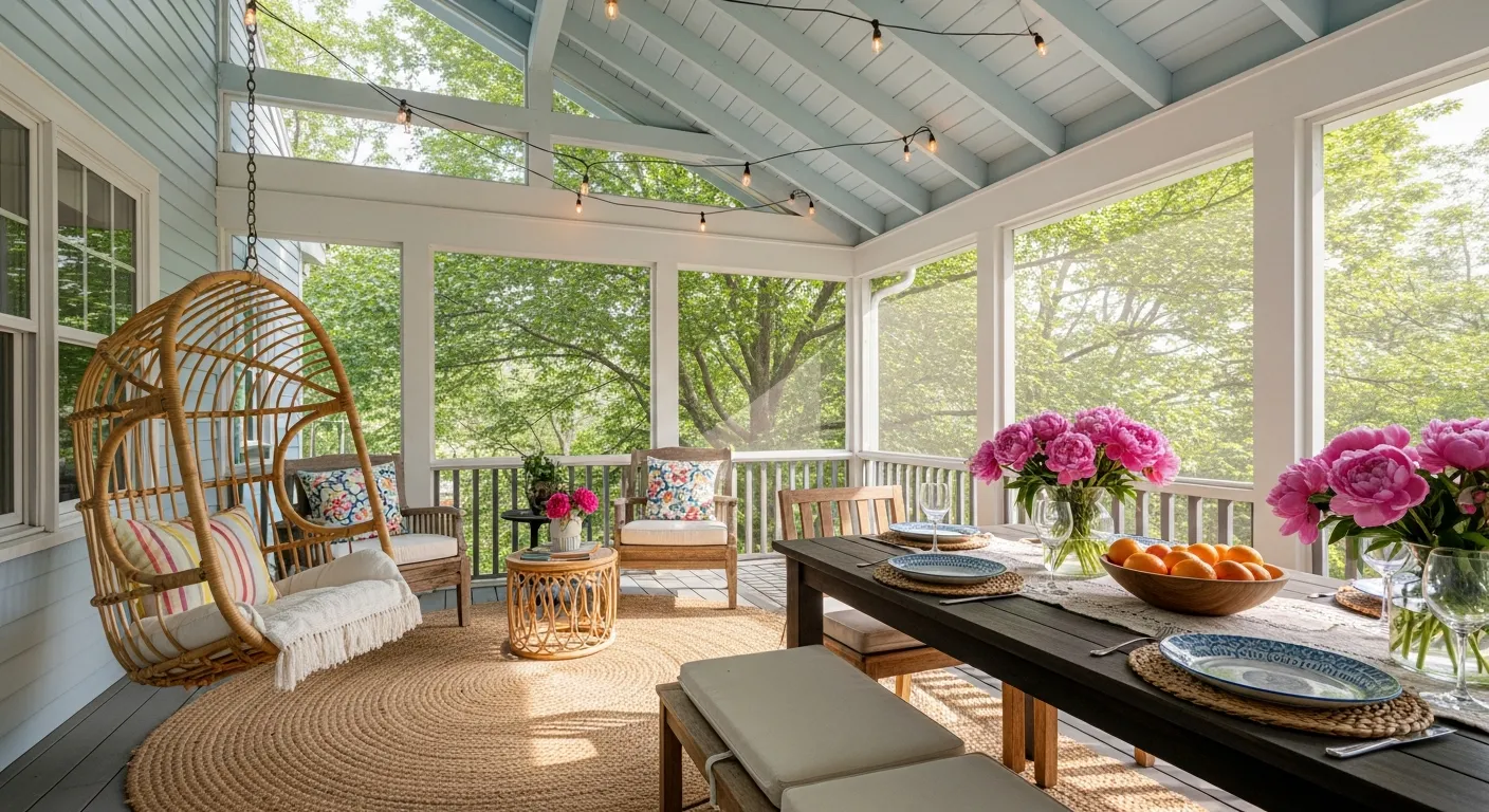 A Natural Rattan Hanging Chair With Colorful Cushions, a Dark Wooden Dining Table Set With Fresh Pink Peonies